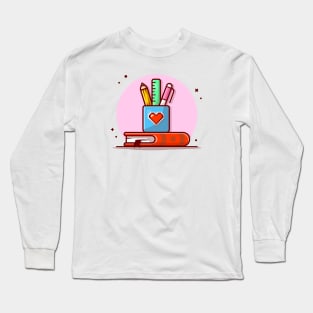 Stationery with Ruler, Pencil, Pen and Book Cartoon Vector Icon Illustration Long Sleeve T-Shirt